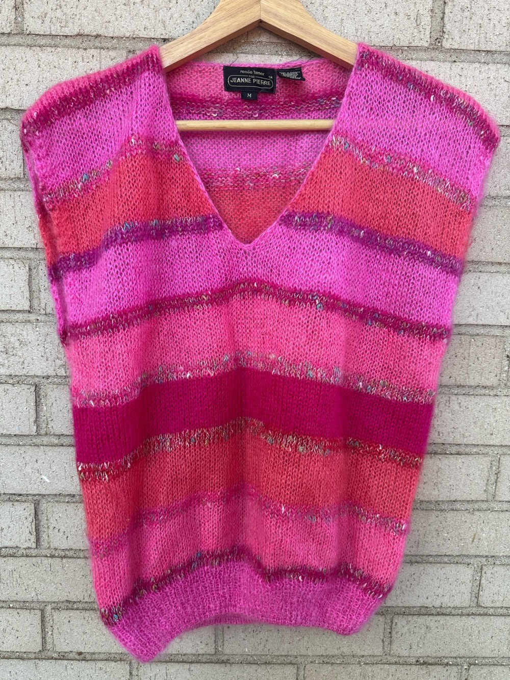Vintage Mohair Sweater V Neck Vest Hot Pink Colorblock Maximalist Dopamine M